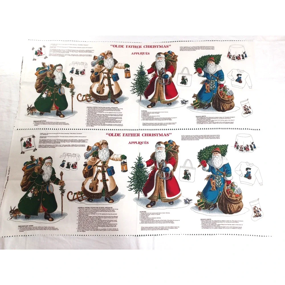 VTG Old Father Christmas Santas Appliques Holiday Appliques Panel Cotton Fabric